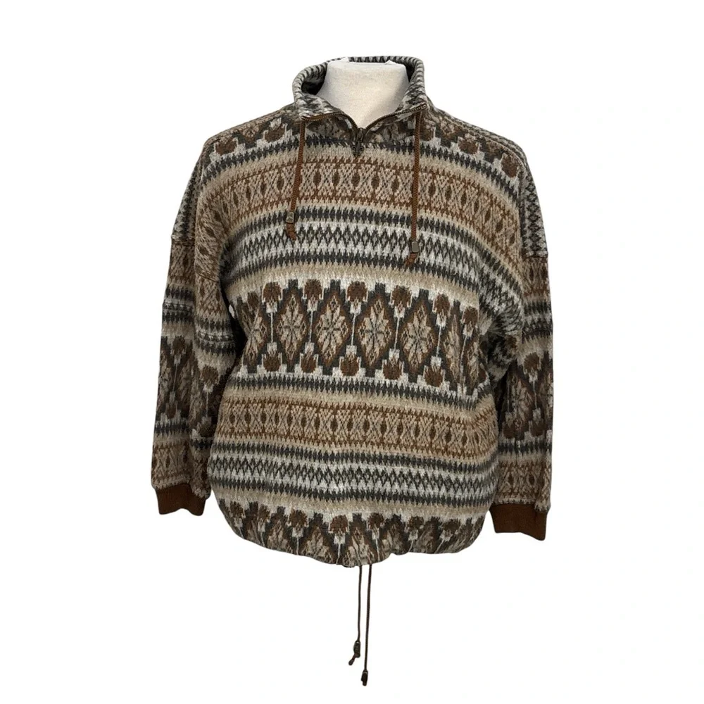 Vintage French Country Express Mens S Sweater Beige Fair Isle Knit Oversize